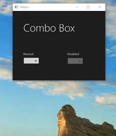 Combo Box JMetro dark theme. Java (JavaFX) UI theme, inspired by Fluent Design System (previously named &apos;Metro&apos;).